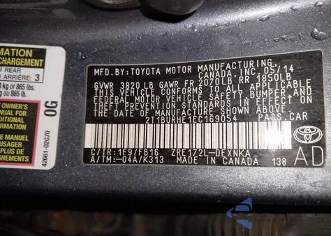 2014 Toyota Corolla Le из США, поврежденный, VIN 2T1BURHE1EC169054